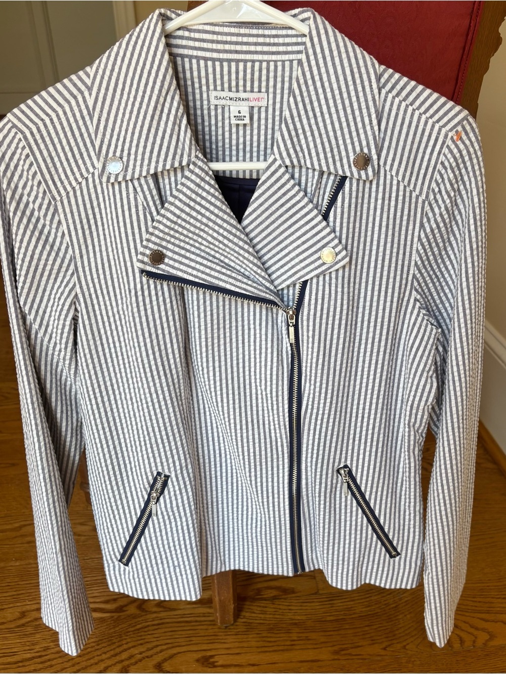 Isaac Mizrahi Navy and White Striped Moto Blazer